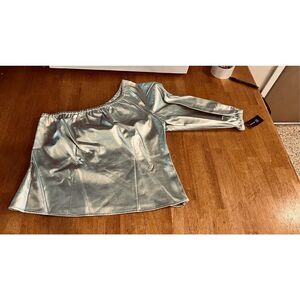 Inc International Concepts Silver Faux Leather Darted One Sleeved Party Top SZ L